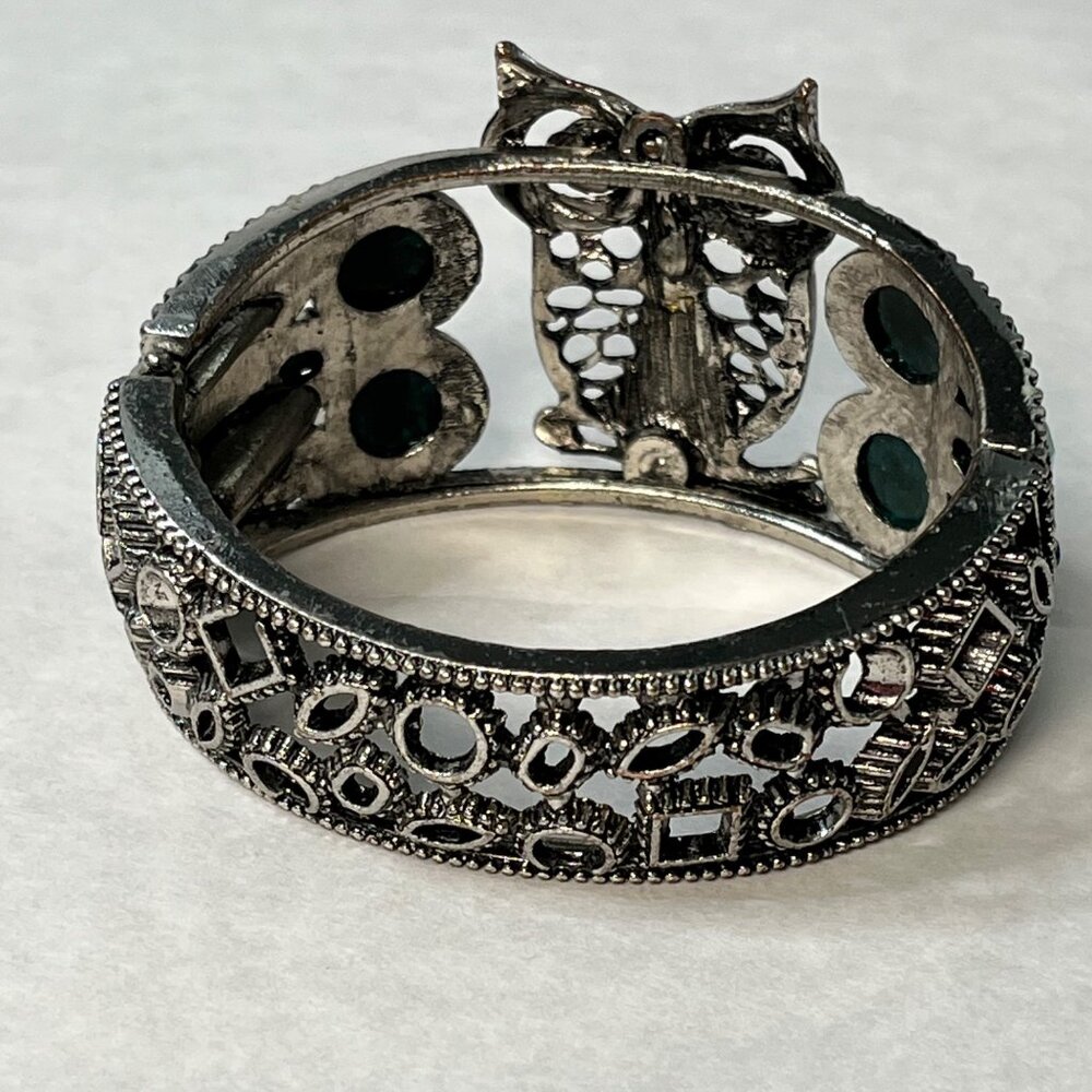 Silver Owl Cuff Bracelet With Green & Blue Gemstones Hinged Closure Intricate De - Picture 3 of 5